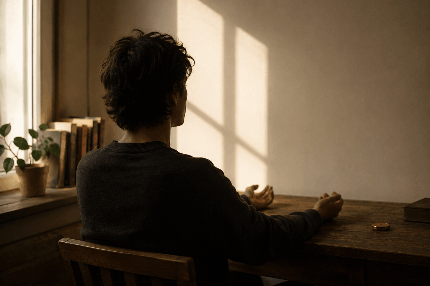 A person seated quietly at a desk in morning light, a moment of mental rehearsal reflecting the visualization habits behind abundance mindset work