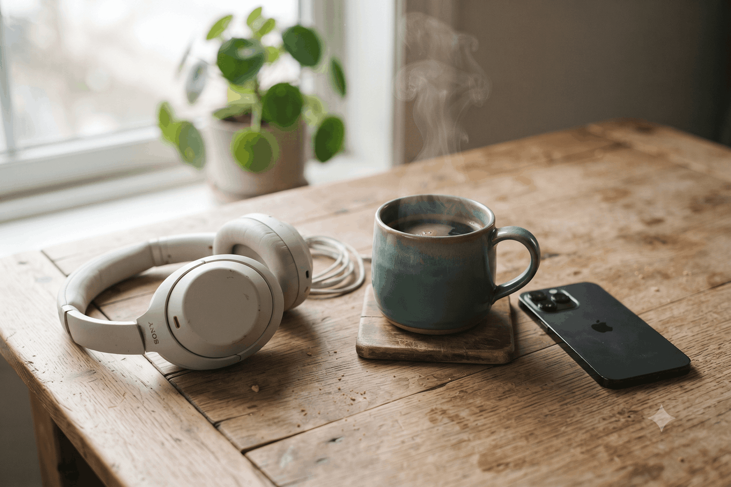 Headphones resting beside a steaming mug of coffee on a wooden table, the ordinary morning setting for the seven-minute daily ritual